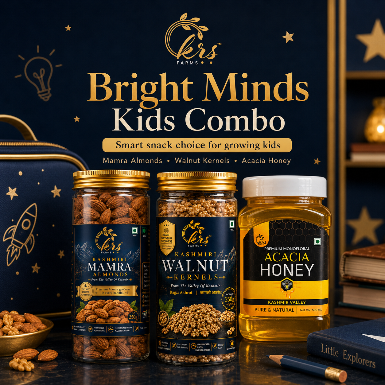 Bright Minds Kids Combo | Mamra Badam, Kagzi Akhrot, Acacia Honey
