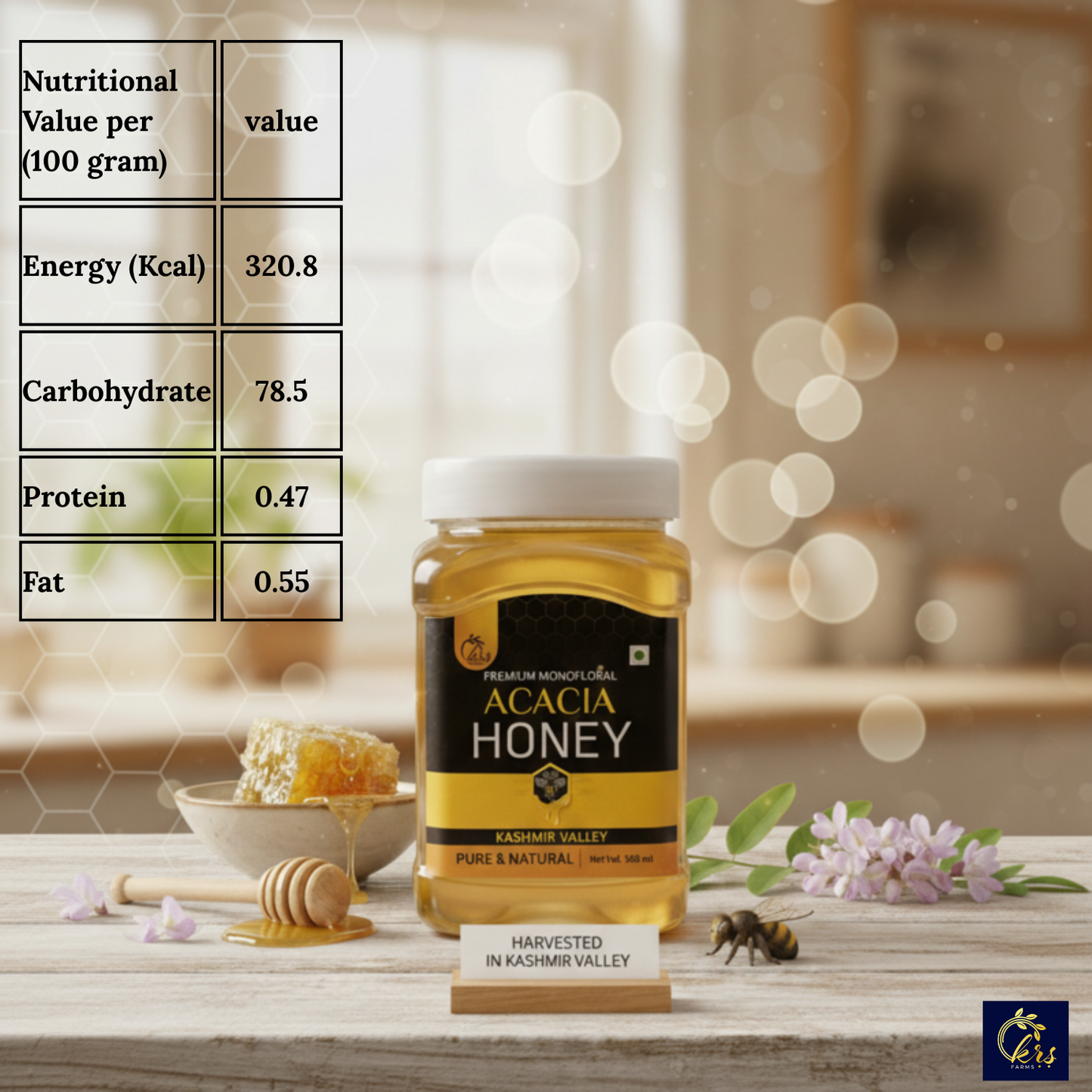 Pure Monofloral Kashmiri Acacia Honey - 500 ml