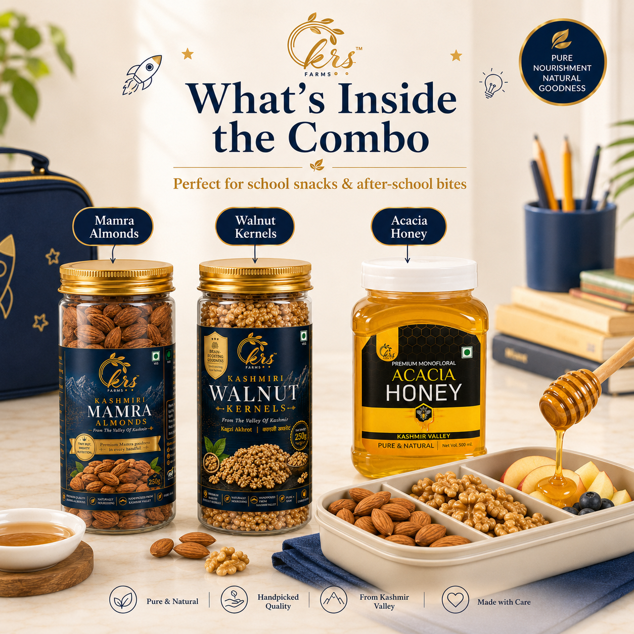 Bright Minds Kids Combo | Mamra Badam, Kagzi Akhrot, Acacia Honey